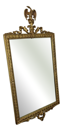 Vintage French Gilt Wall Mirror with Ornate Eagle Crest in Brass