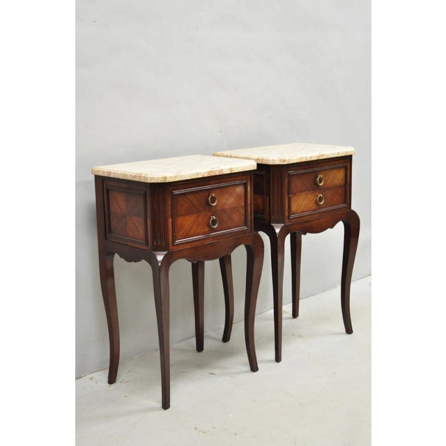 Vintage French Louis XV Style Pink Marble Top Mahogany Nighstand Table - A Pair For Sale - Image 14 of 15