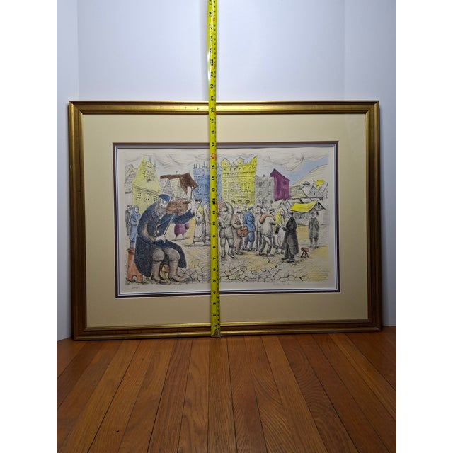 This captivating limited edition lithograph depicts a vibrant street market in Safed, Israel, or a similar historical...
