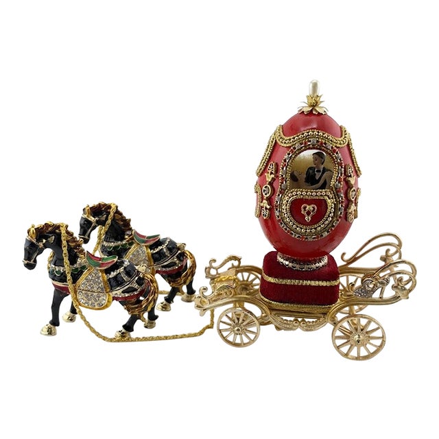 1984 Vintage Fabergé Egg Style XXXXL Pierre Lorren Natural Egg Hand Carved Faberge Style Music Austrian Crystal Pure Gold Deco Handmade 5.1" X 5.9" For Sale