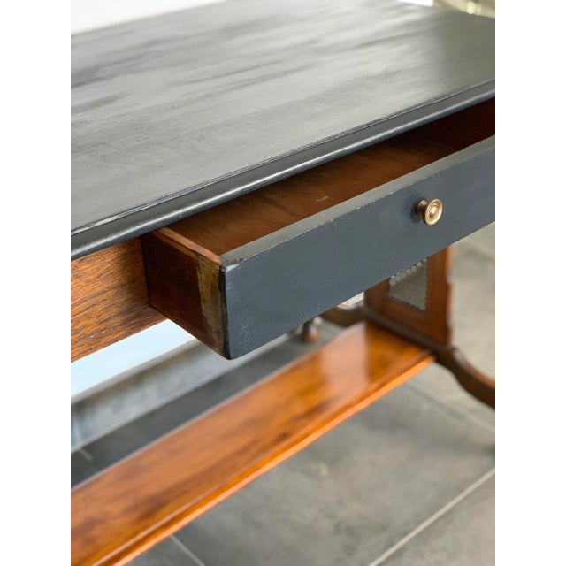 Wood Antique Ebonized Oak Library Table Desk With Drawer For Sale - Image 7 of 8