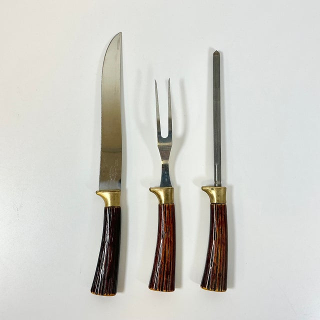 Metal 1950s Vintage Sheffield English Rustic European Faux Stag Horn Cutlery - Set of 3. For Sale - Image 7 of 9