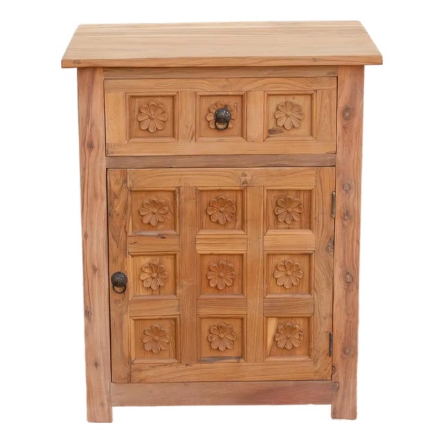Reclaimed Wood Floral Bedside Cabinet For Sale