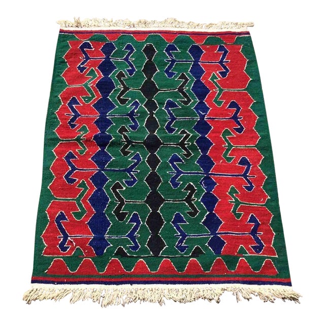Green and Red Vintage Turkish Kilim Rug - 33" X 43" For Sale