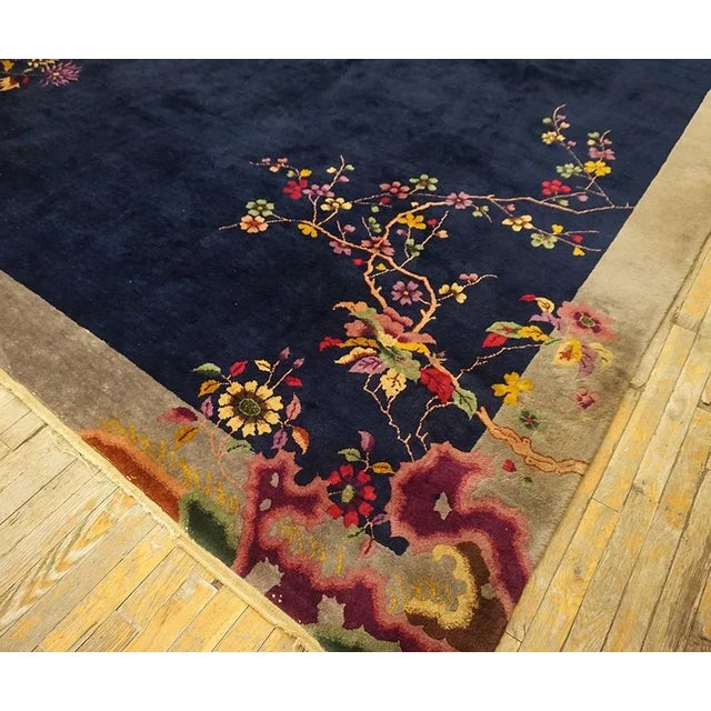 1920s Blue Navy Flowers Birds Antique Chinese Art Deco Carpet 9' X 11'10'' Knotted Wool Rug For Sale - Image 10 of 14