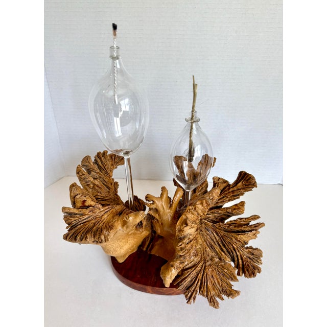 1970s Organic Modern Burl Wood Sculptural Double Oil Lamp Centerpiece For Sale - Image 10 of 11