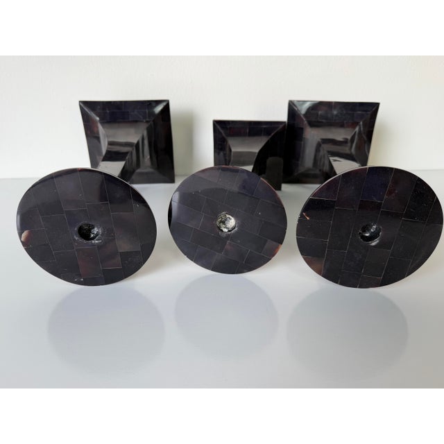 Vintage Maitland Smith–Style Tessellated Horn Veneer and Brass Candle Holders – Set of 3 For Sale - Image 9 of 12