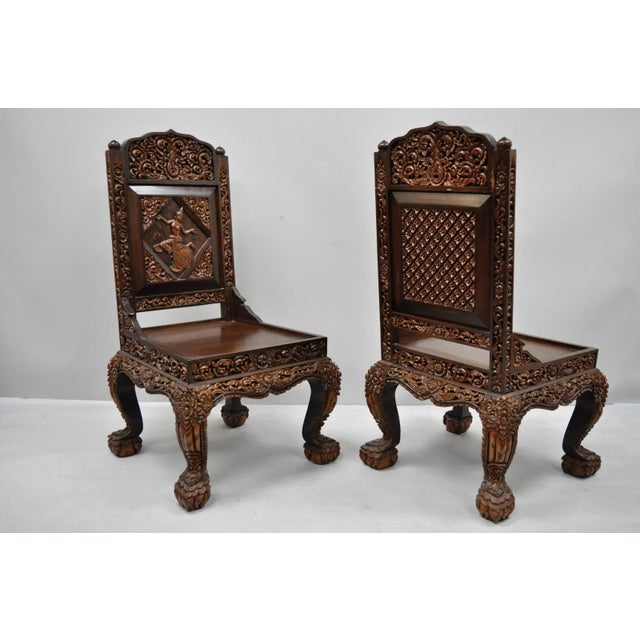 Vintage Chinoiserie Thai Oriental Carved Teak Wood Dining Side Chairs - A Pair For Sale - Image 4 of 12