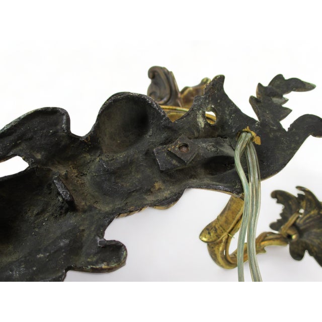 Late 19th Century French Bronze Double Candle Sconce Electrified Louis XV Style Gilt Bronze Cherub Ormolu Dore Antique For Sale - Image 11 of 12