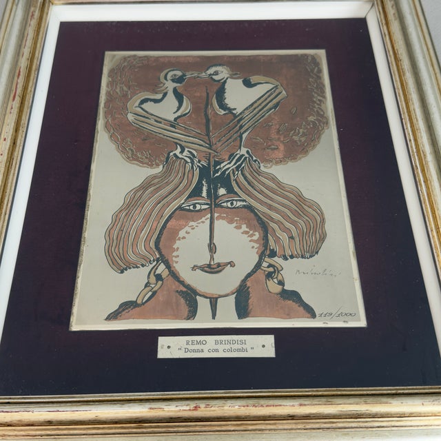 Remo Brindisi, Woman with Doves, 1950s, Painting on Silver Plate, Framed For Sale - Image 3 of 11