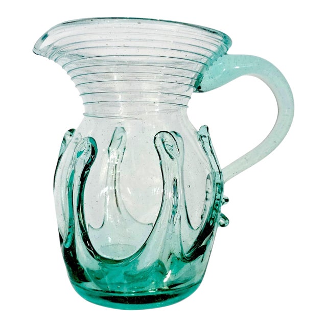 1976 Liberty Village Glasshouse Aquamarine Lily Pad Blown Glass Pitcher 6.75" For Sale