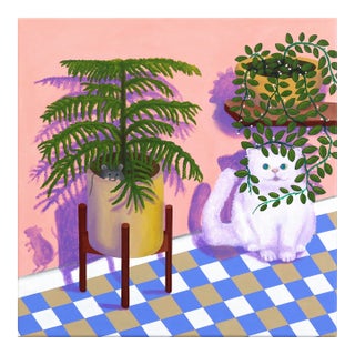 Peek-a-Boo - Original Surrealist Acrylic Painting of White Cat and Houseplants by Amy Tai For Sale