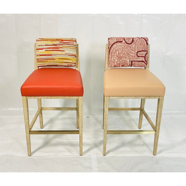 American Pair of 1980s Modern American Oak Counter Stools With Leather & Fabric Upholstery For Sale - Image 3 of 16