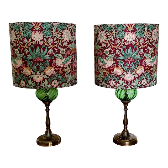 Pair of Vintage Green Globe Lamps With William Morris Shades For Sale