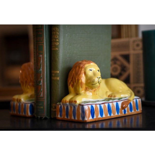 English Original Pair of Antique Staffordshire Recumbent Lion Figurines on Striped Rectangular Plinths- Set of 2 For Sale - Image 3 of 9