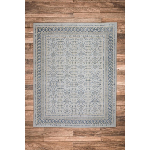 Textile Early 21st Century Cream & Blue Geometric Design Handwoven Wool Turkish Oushak Rug 12' X 14'6" For Sale - Image 7 of 8