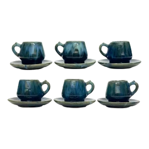 Mid-Century Artisanal Earthenware Espresso Cups and Saucers - Set of 6