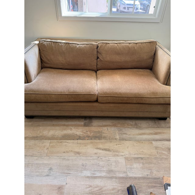 Art Deco Restoration Hardware Collins Sofa & Chase Set With Nailhead Trim For Sale - Image 3 of 14