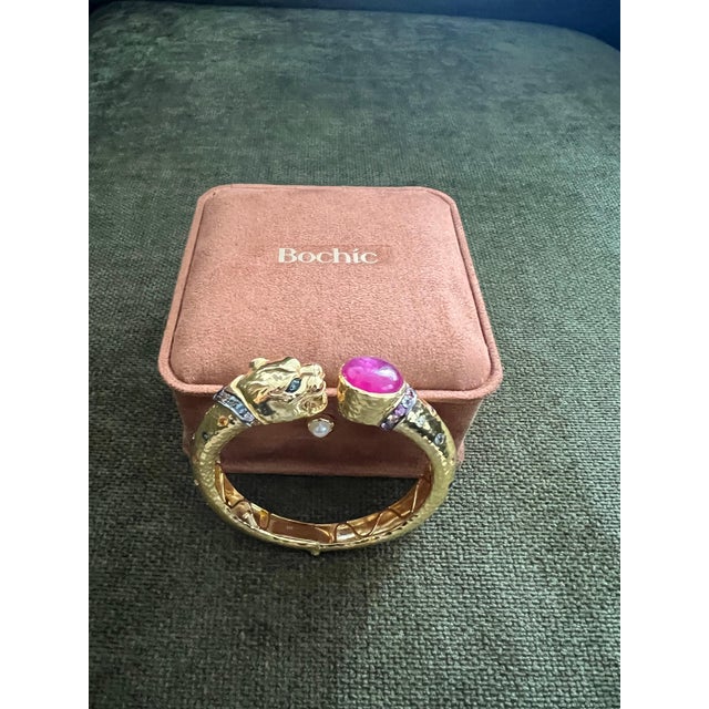 Bochic “Orient” Vintage Ruby & Multi Sapphire Dragon Bangle In 18K Gold & Silver For Sale - Image 4 of 17