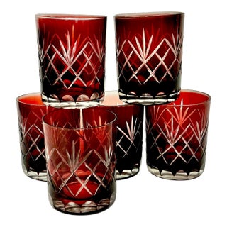 Mid 20th Century Boho Chic Czechoslovakian Clear Cut to Ruby Etched Crystal Lowballs - Set of 6 For Sale
