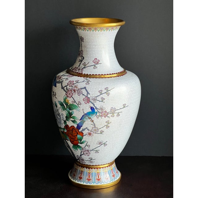 Late 20th Century Large Vintage Chinese Cloisonné Vase - White With Flowers and Blue Birds For Sale - Image 5 of 12