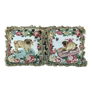 English Victorian Style Needlepoint & Velvet Pug Dog Pillows With Tassels- Pair For Sale