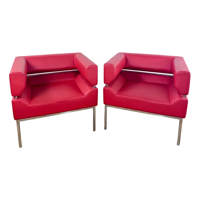 Set of Armchairs in Red Leatherette and Chrome Aluminum, 1980s For Sale