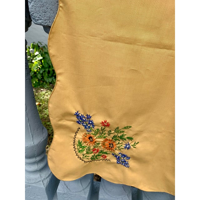 Vintage handwork embroidered flowers mustard tablecloth approximately 49” x 68” Vibrant soothing color Easy care Great for...