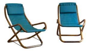 Set of Foldable Reclining Armchairs in Curved Bamboo with Brass Finishes, Italy, 1970s