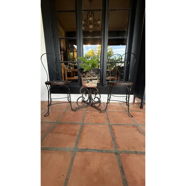 Victorian Vintage Mid-Century Twisted Wrought Iron Heart-Back Bistro Ice Cream Parlor Chairs For Sale - Image 3 of 10