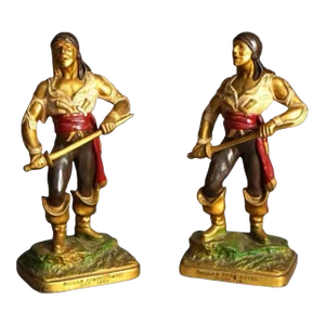Antique Pair of Cast Bronzed Metal Polychrome Pirate Statues Circa 1930