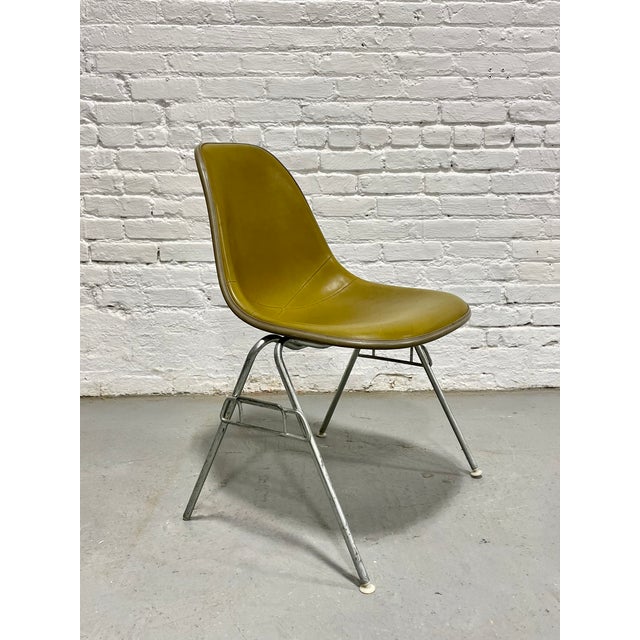 Olive Vintage Herman Miller Eames Olive Green Upholstered Fiberglass Shell Chair – Stacking Wire Base, C. 1950's For Sale - Image 8 of 10