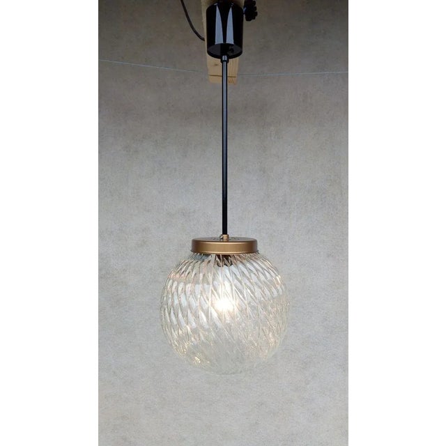 Material: metal, rough glass. Nice simple retro vintage chandelier. Black holder, brown copper cap. Translucent notched...