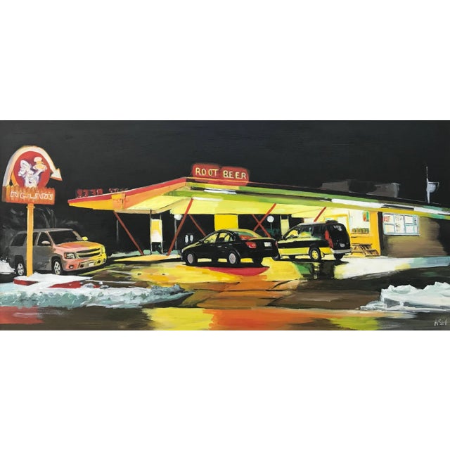 Route 66 Root Beer American Gas Station Painting by Leading British Contemporary Artist, Angela Wakefield. A unique...