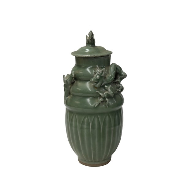 Celadon Vintage Oriental Dragon Motif Celadon Glaze Ceramic Art Jar For Sale - Image 8 of 10