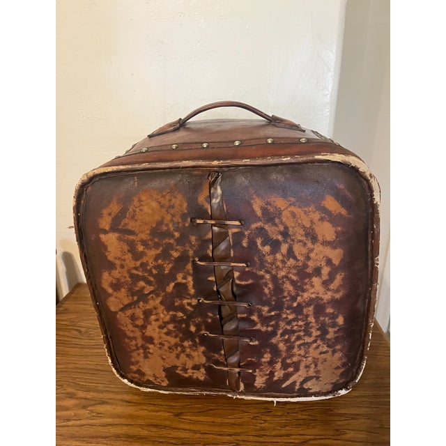 Tooled Leather Ottoman Plain With Nailheads Antique Brown For Sale - Image 9 of 12