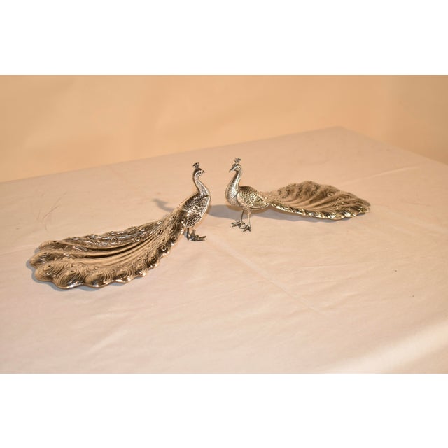 1920s Pair of Signed Sterling Silver Peacock Dishes From Gorham, Circa 1920 For Sale - Image 5 of 12