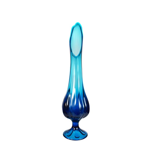 Mid-Century Modern Tall Pedestal Viking Swung Vase Blue Art Glass Vase For Sale - Image 9 of 9