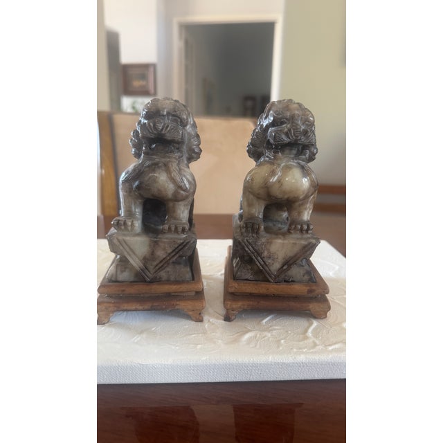 Figurative Vintage Foo Dogs Gray Marble Chinese Temple Lions 6” Tall For Sale - Image 3 of 14