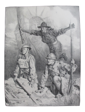 1917 Signed French Wwi Propaganda Poster, Soldiers With Statue of Liberty