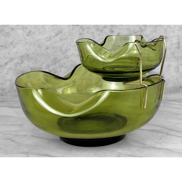 Mid 20th Century Mid-Century Avocado Green Pinched Glass Chip & Dip Serving Bowls For Sale - Image 6 of 10