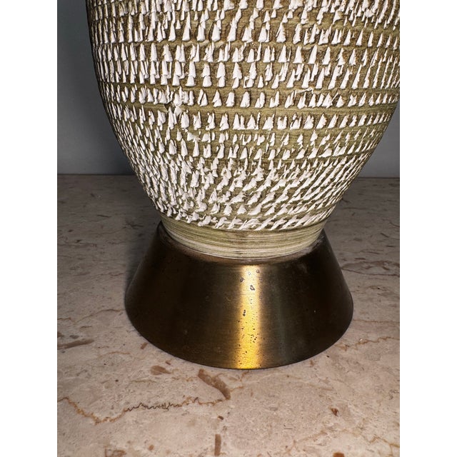 Green Mid 20th Century Large Handmade Bitossi-Style Green Ceramic Lamp With Etching & Brass Base For Sale - Image 8 of 12