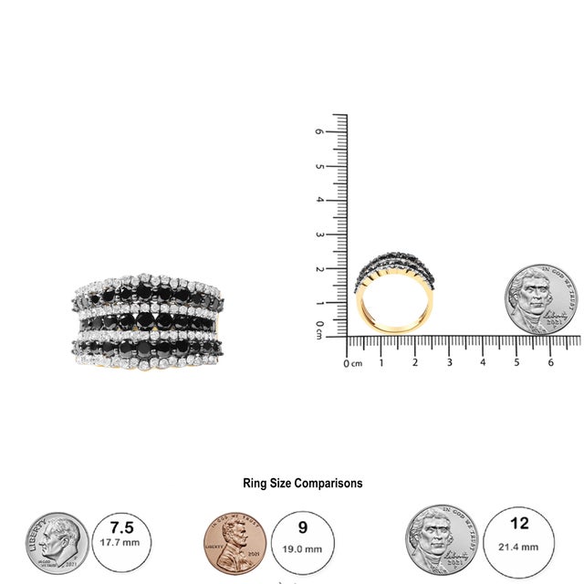 14K Yellow Gold Plated .925 Sterling Silver 1 3/4 Cttw Treated Black and White Alternating Diamond Multi Row Band Ring-Size 8 For Sale In New York - Image 6 of 6