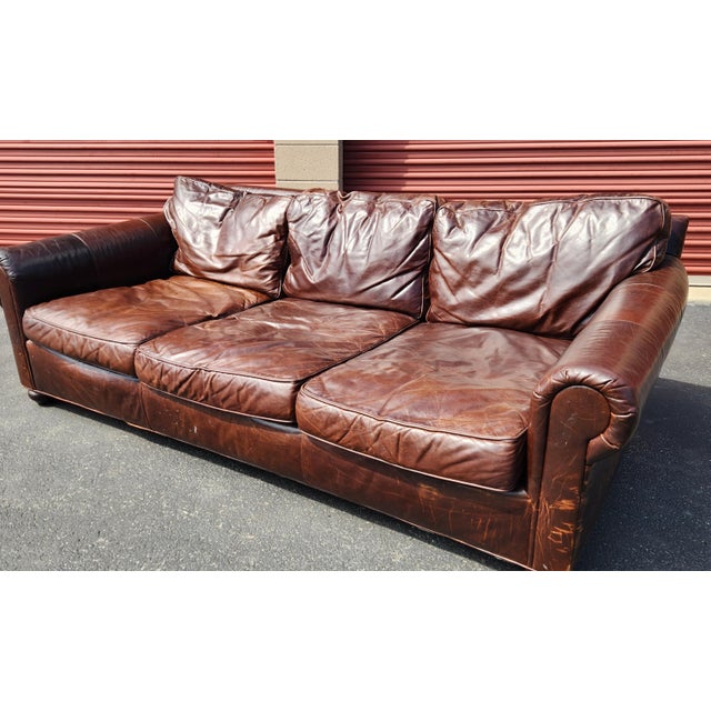 Traditional Restoration Hardware Lancaster Luxe Brown Leather Sofa For Sale - Image 3 of 8