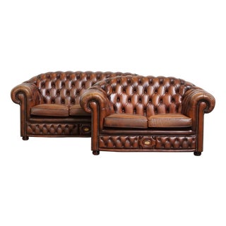 English Chesterfield Sofas in Cowhide Leather, Set of 2 For Sale