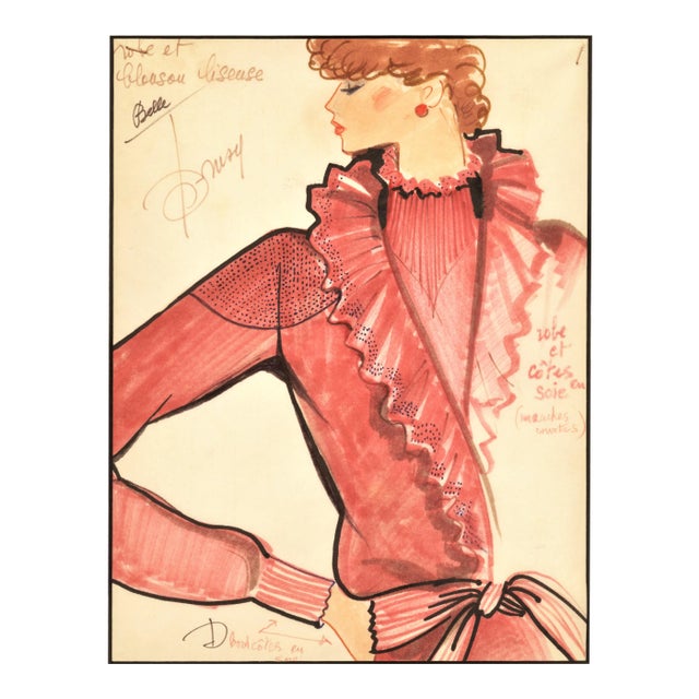 1980s French Fashion Drawing With Notations, Matted For Sale