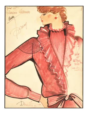 1980s French Fashion Drawing With Notations, Matted