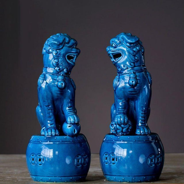 Traditional Pair of Blue Glazed Porcelain Guardian Lions – 10.6" Foo Dogs on Drum Bases For Sale - Image 3 of 9