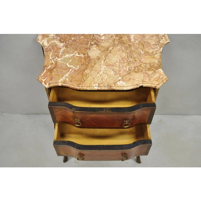 French Antique French Louis XV Marquetry Inlay Marble Top Bombe Nightstand For Sale - Image 3 of 12