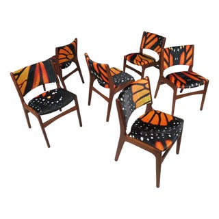 Mid 20th Century Restored Mid-Century Erik Buck Danish Teak Dining Chairs in Abstract Velvet Print For Sale